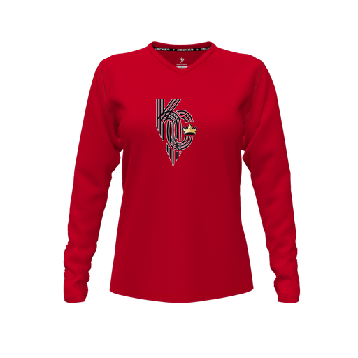 [CUS-DFW-TEES-PER-VNK-LSL-RED-FYXS-LOGO3] Performance T-Shirt (Female Youth XS, Red, V Neck, Logo 3, Long Sleeve)