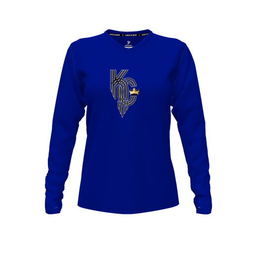 [CUS-DFW-TEES-PER-VNK-LSL-RYL-FYXS-LOGO3] Performance T-Shirt (Female Youth XS, Royal, V Neck, Logo 3, Long Sleeve)